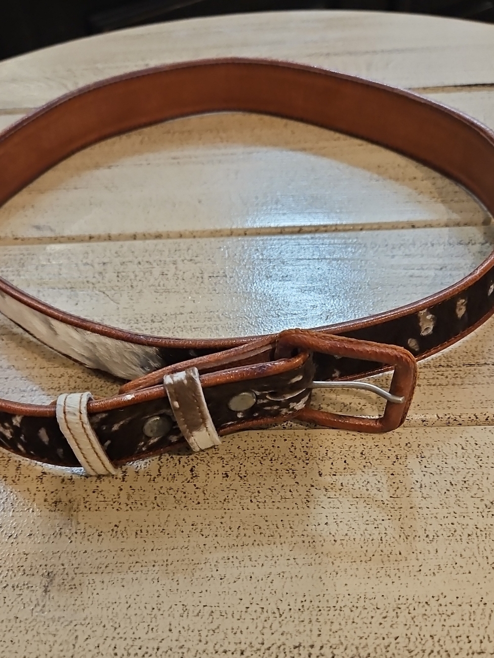 Brown and White Cowhide Accent Women's Leather Belt